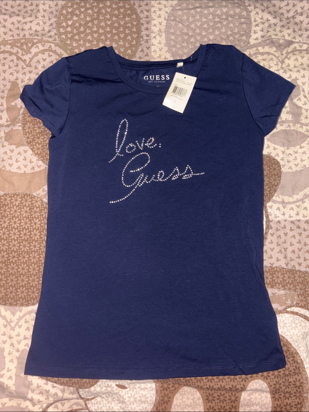 Guess Navy Short Sleeve Tee with Rhinestone "love Guess" Script